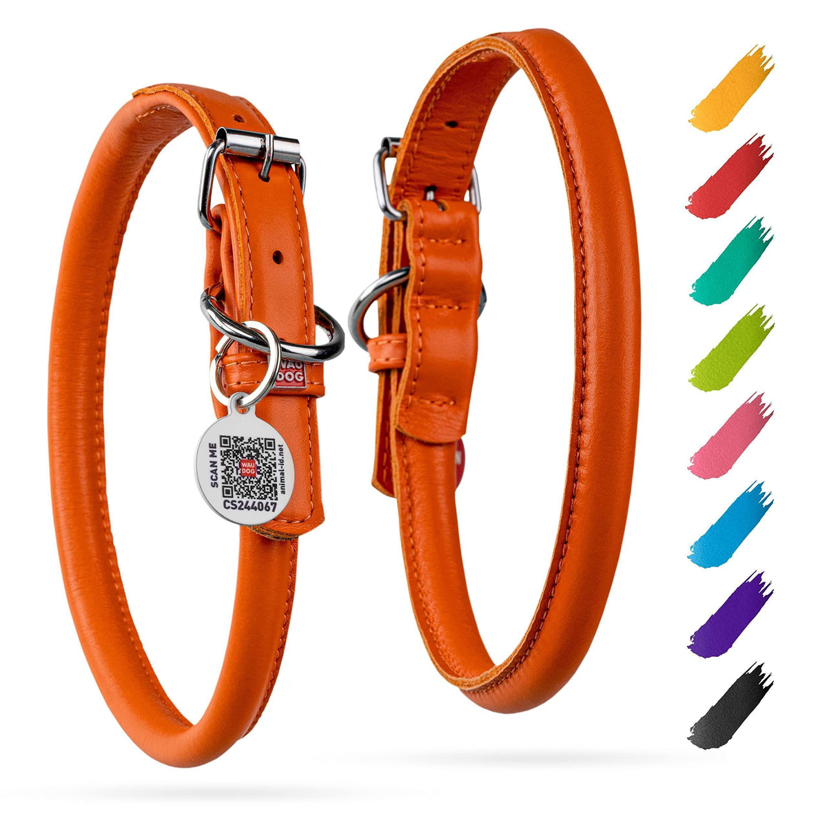 Rolled Leather Dog Collar – Orange, 13–16 in Neck