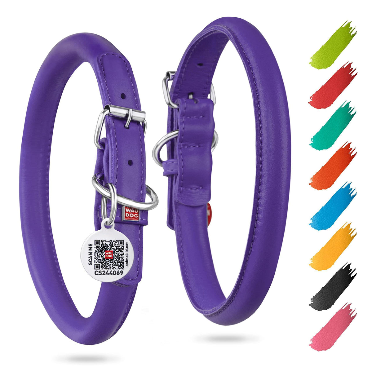 Rolled Leather Dog Collar – Purple, 21–24 in Neck