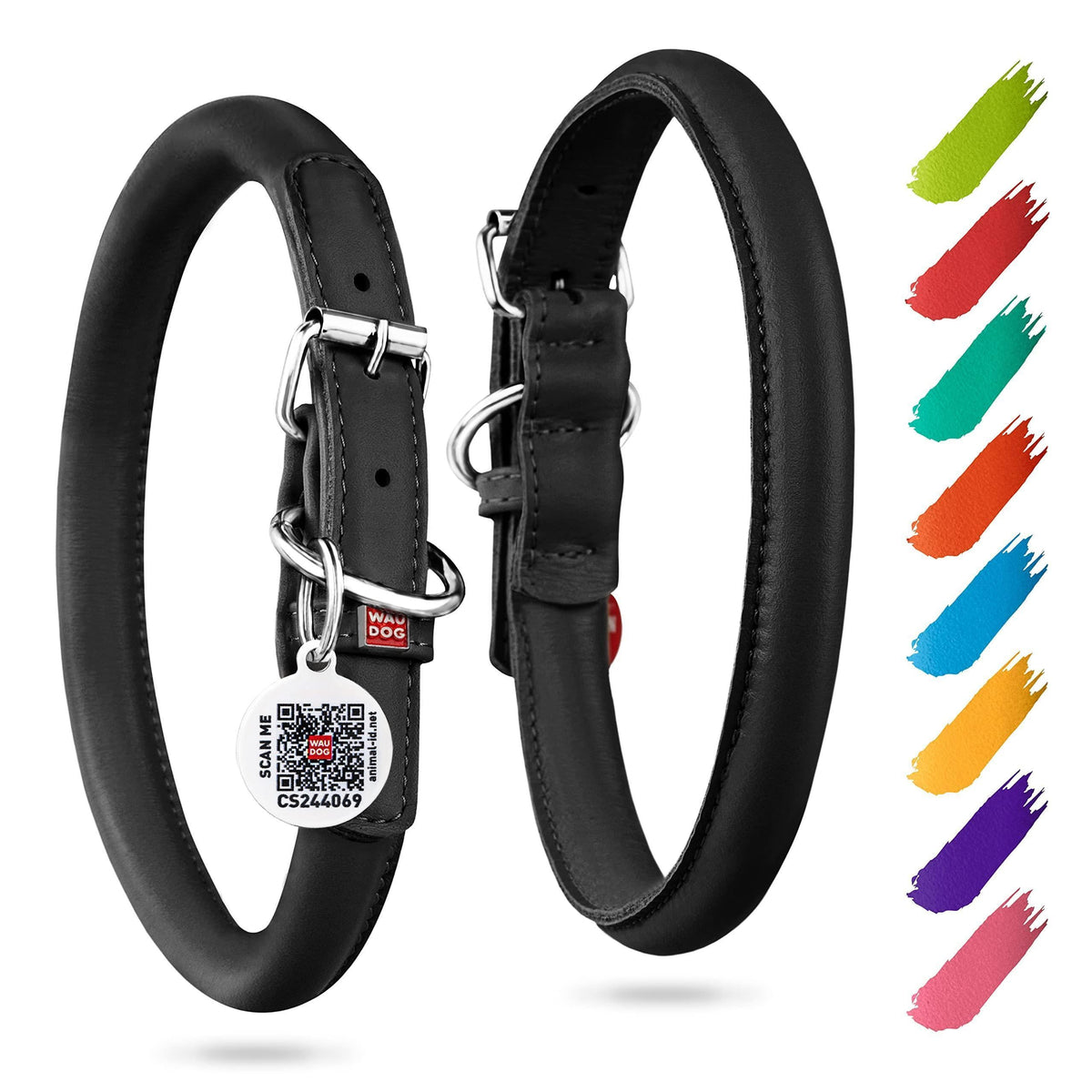 Rolled Leather Dog Collar – Black, 10–13 in Neck