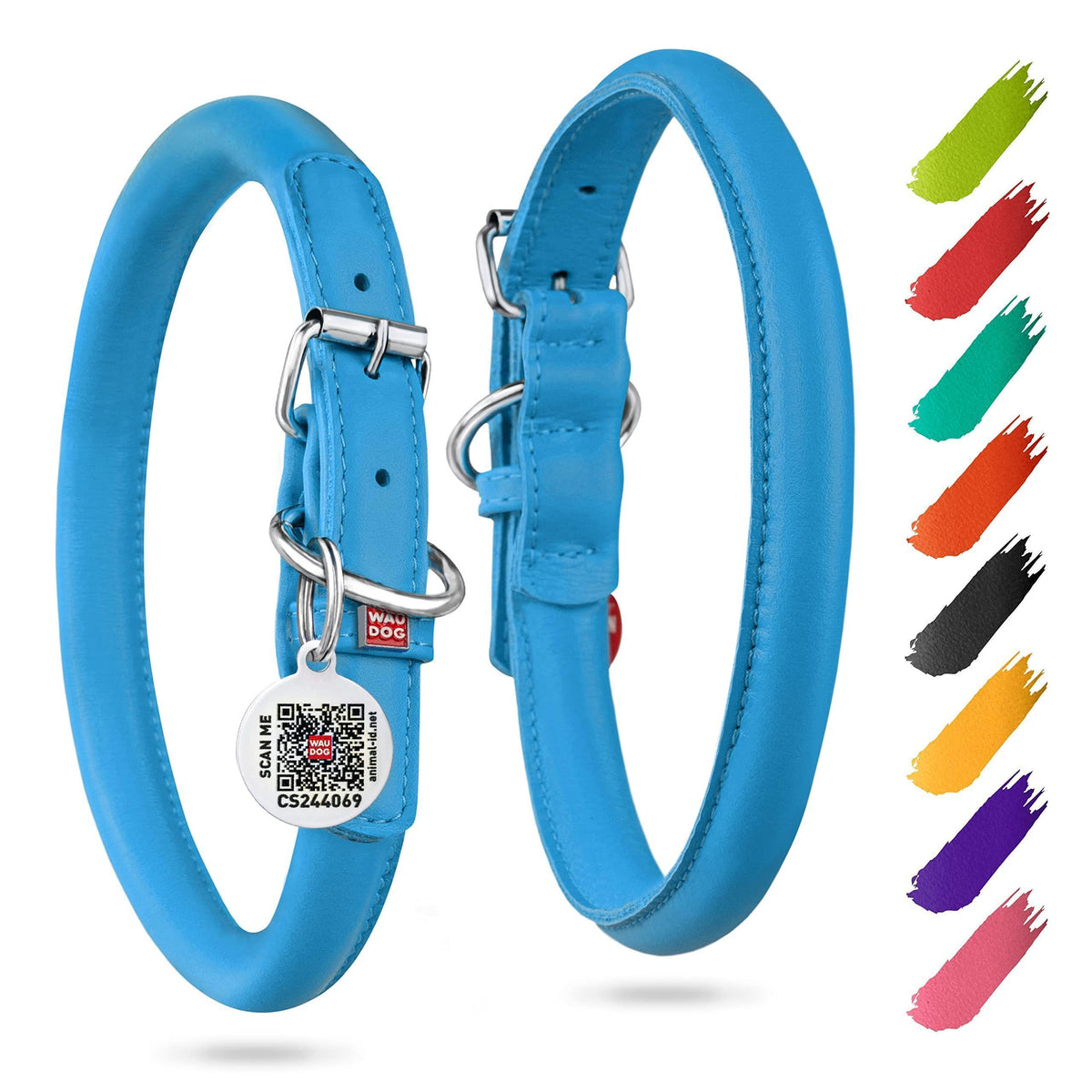 Rolled Leather Dog Collar – Blue, 13–16 in Neck