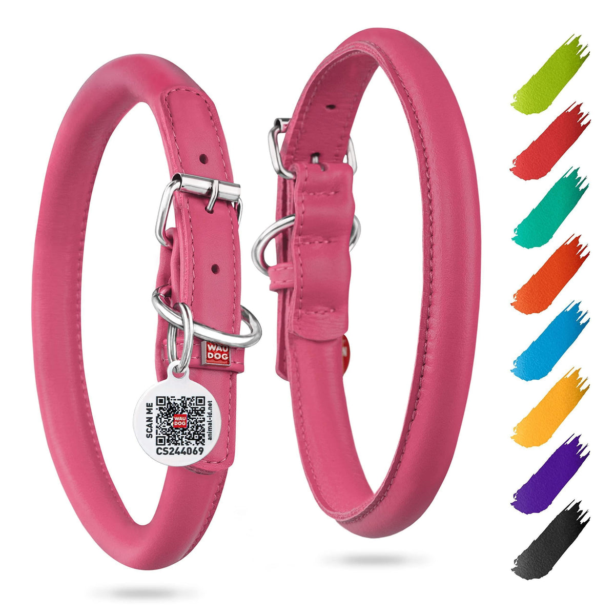 Rolled Leather Dog Collar – Pink, 8–10 in Neck