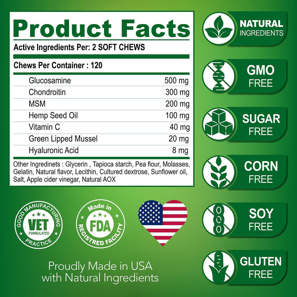 Hemp Hip & Joint Supplement for Dogs Glucosamine 120 Chews
