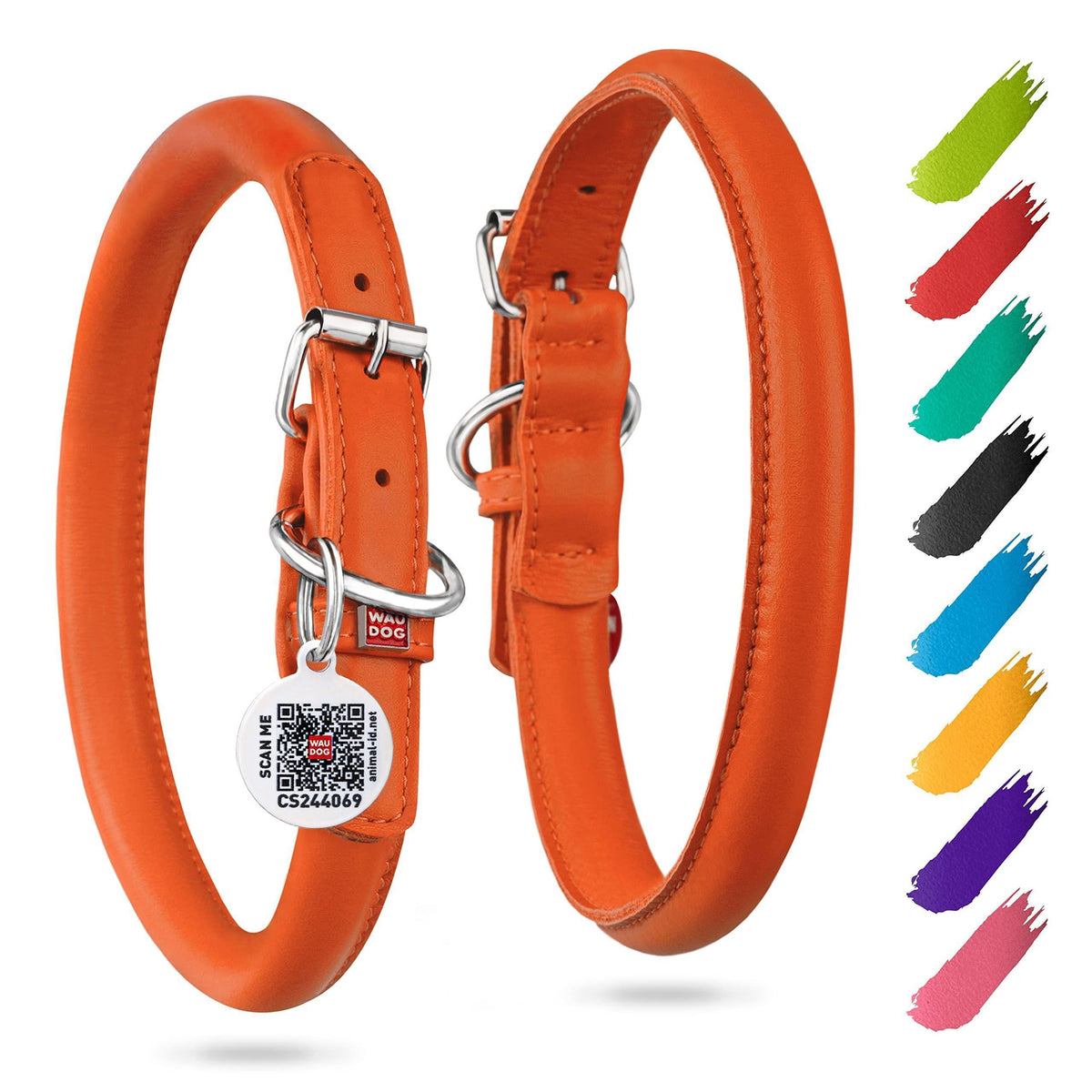 Rolled Leather Dog Collar – Orange, 10–13 in Neck